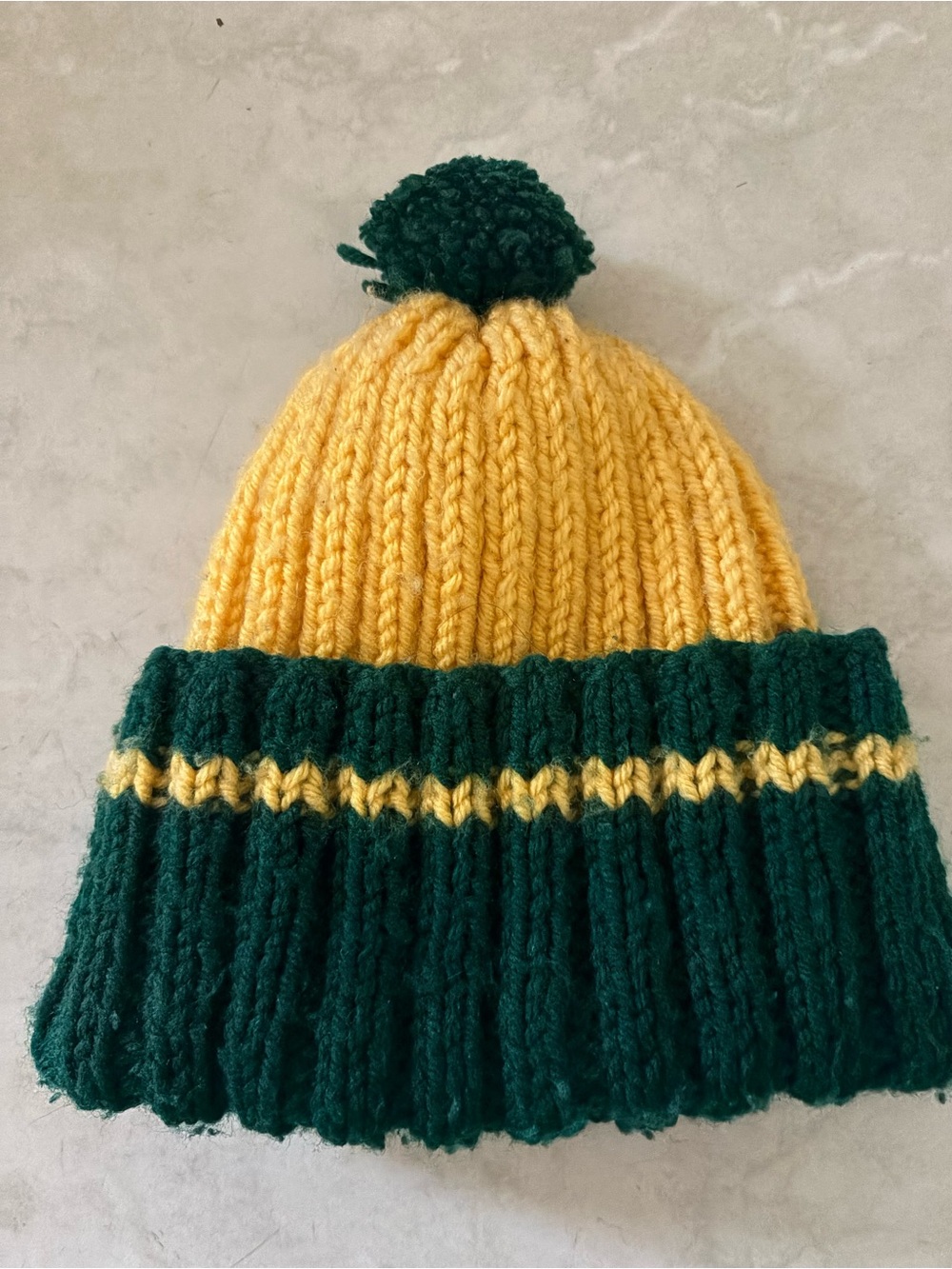 Hand-Knit Kids Pom Beanie - Yellow & Dark Green